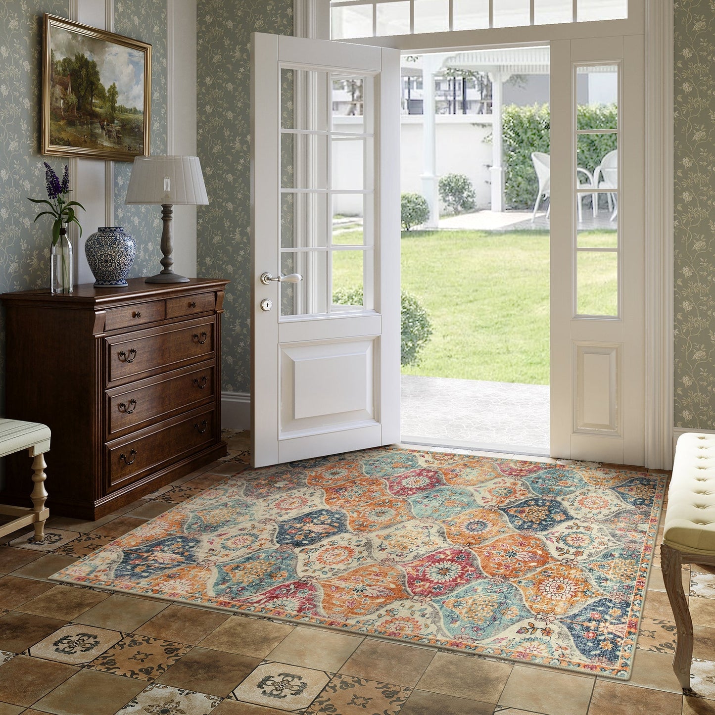 3x5_lahome Ultra-thin Transitional Vintage Floral Moroccan Trellis Red & Orange washable Rug