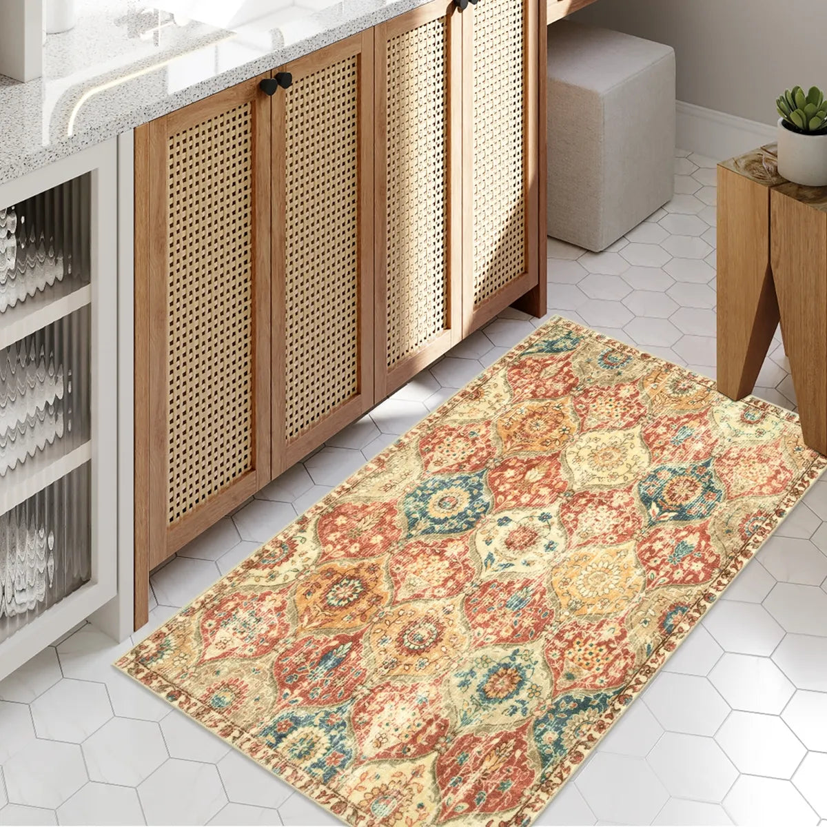 Elise Ultra-thin Transitional Vintage Floral Moroccan Trellis Red & Orange Rug