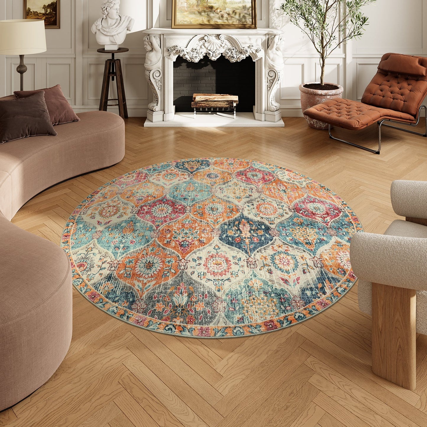 6Round_lahome Ultra-thin Transitional Vintage Floral Moroccan Trellis Red & Orange washable Rug